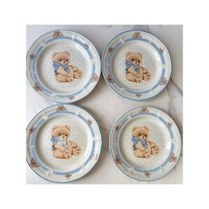 4 Pc Vtg Tienshan Stoneware Teddy Bear Salad Plates Blue Bow 7.5 Cottage Inch